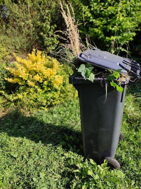 A black wheeled garden waste bin positioned on a grassy area in a garden. The lid is closed, and on top of it, there are long dried pampas grass plumes, green leaves, and some small branches, indicati
