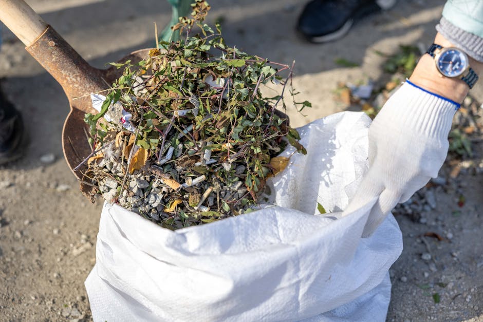 A black wheeled garden waste bin positioned on a grassy area in a garden. The lid is closed, and on top of it, there are long dried pampas grass plumes, green leaves, and some small branches, indicati